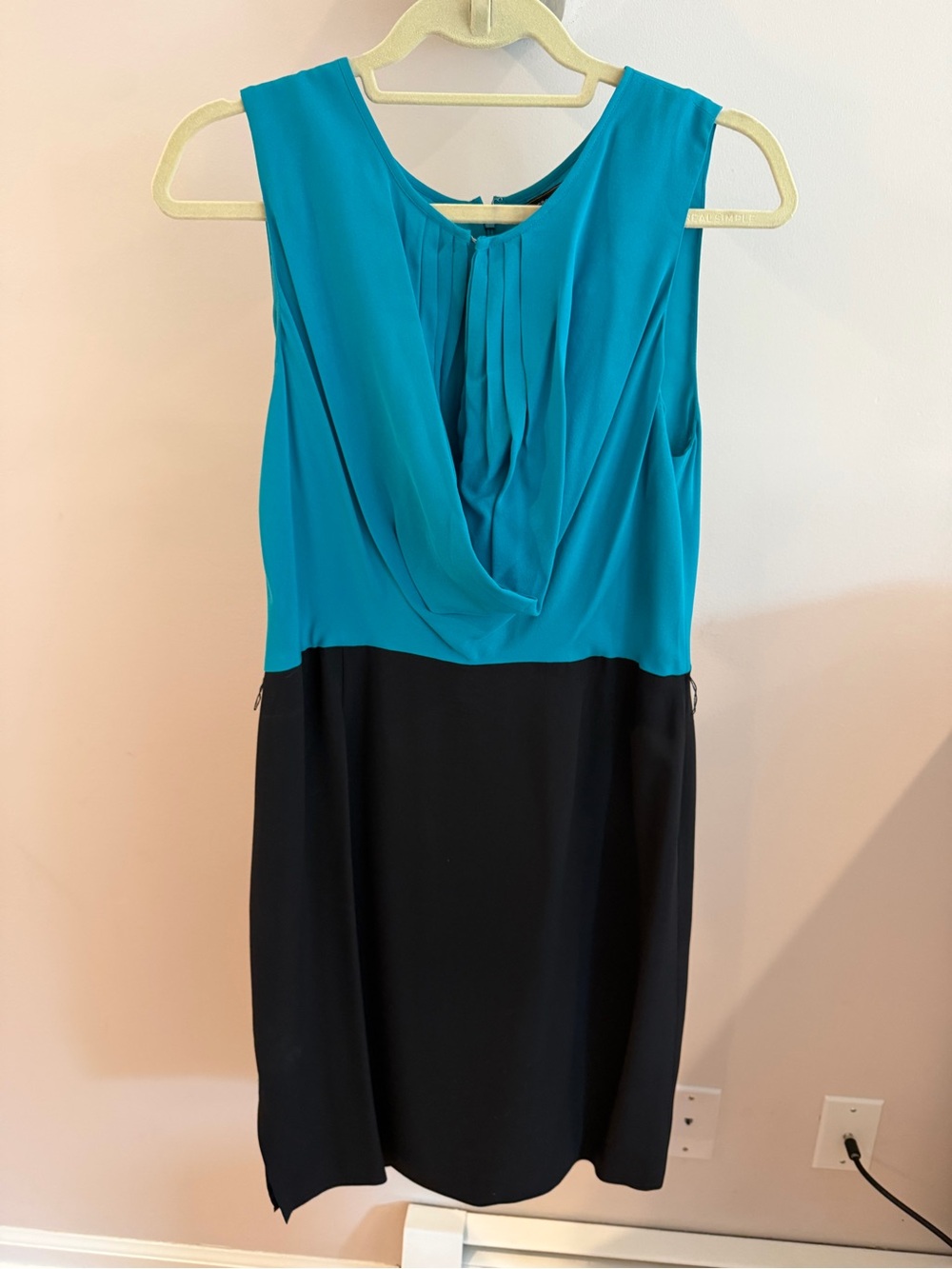 BCBGMaxAzria Teal and Black Drape Neck Colorblock Dress